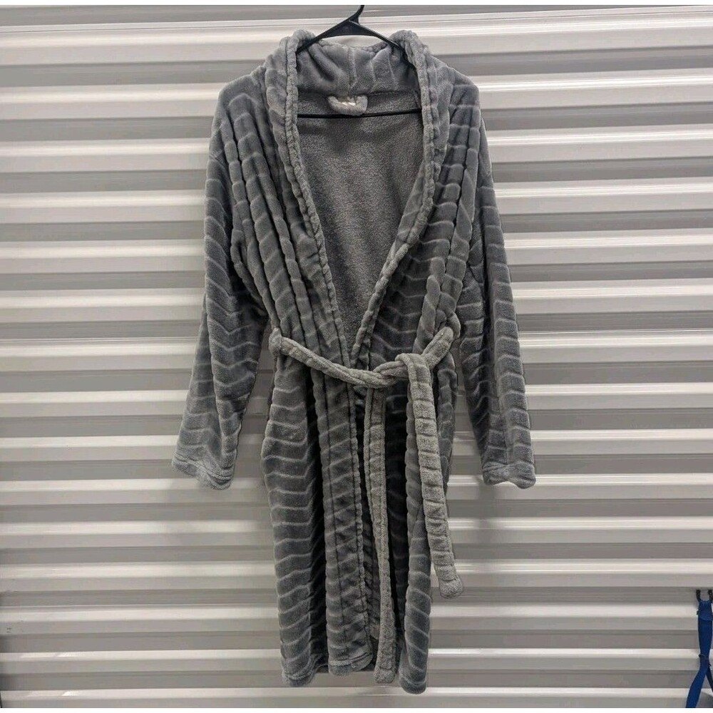 Women's Normcore Lounge Comfort Gray Ribbed Plush Soft Robe Quiet Luxury Spa O/S